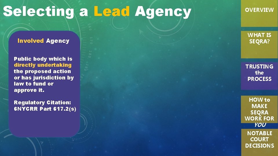 Selecting a Lead Agency OVERVIEW Involved Agency Interested Agency Lead Agency WHAT IS SEQRA?