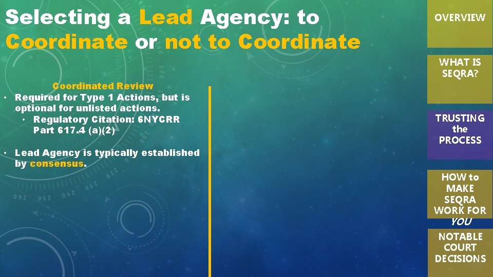 Selecting a Lead Agency: to Coordinate or not to Coordinate OVERVIEW WHAT IS SEQRA?