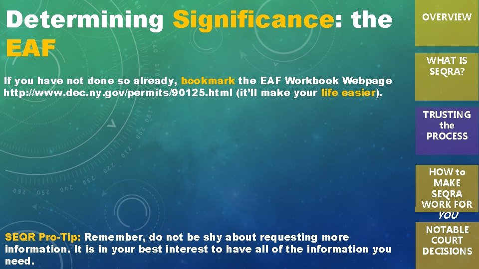Determining Significance: the EAF If you have not done so already, bookmark the EAF