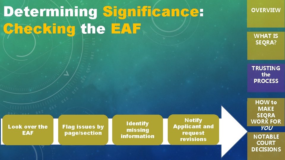 Determining Significance: Checking the EAF The Applicant should: • Provide accurate, complete, and comprehensible