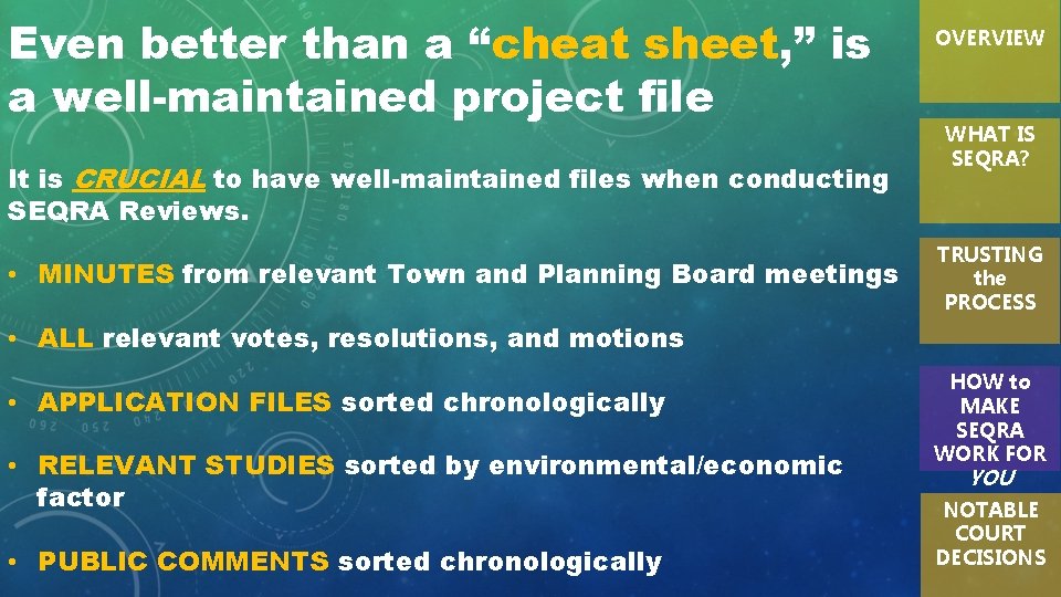Even better than a “cheat sheet, ” is a well-maintained project file It is