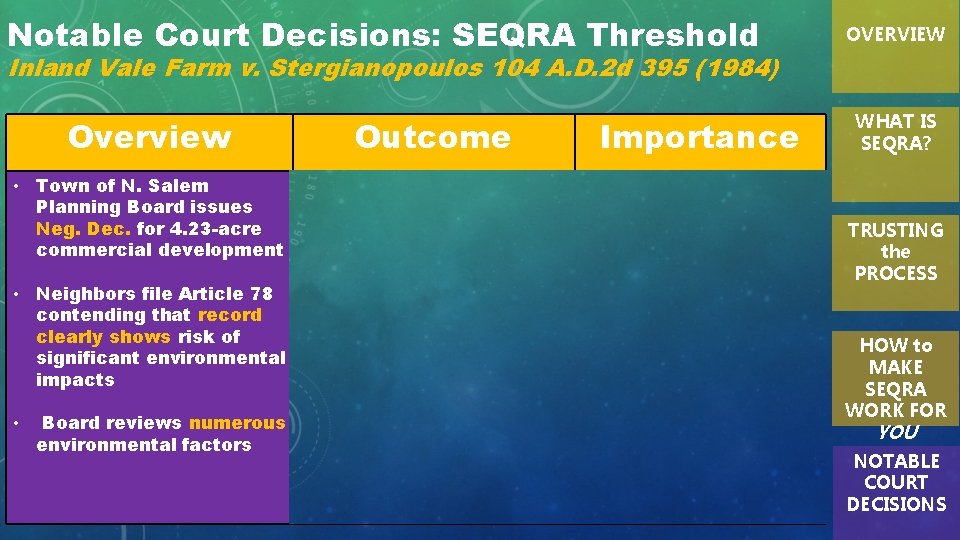 Notable Court Decisions: SEQRA Threshold OVERVIEW Inland Vale Farm v. Stergianopoulos 104 A. D.