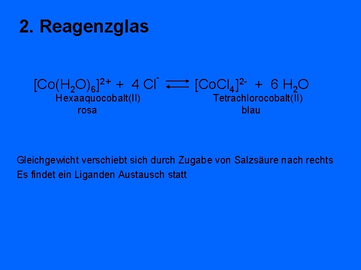 2. Reagenzglas [Co(H 2 O)6 ]2+ + 4 Cl Hexaaquocobalt(II) rosa - [Co. Cl