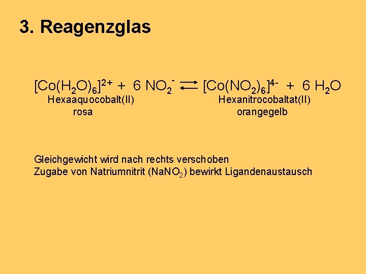 3. Reagenzglas [Co(H 2 O)6 ]2+ + 6 NO 2 Hexaaquocobalt(II) rosa - [Co(NO