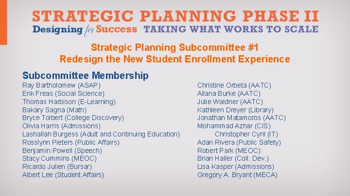 Strategic Planning Subcommittee #1 Redesign the New Student Enrollment Experience Subcommittee Membership Ray Bartholomew