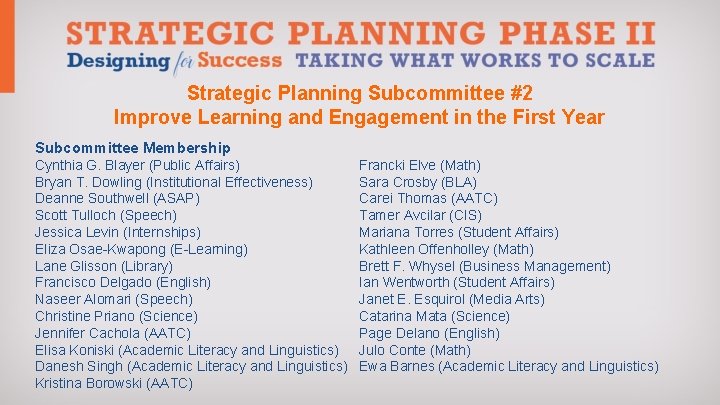 Strategic Planning Subcommittee #2 Improve Learning and Engagement in the First Year Subcommittee Membership
