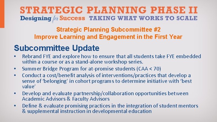 Strategic Planning Subcommittee #2 Improve Learning and Engagement in the First Year Subcommittee Update