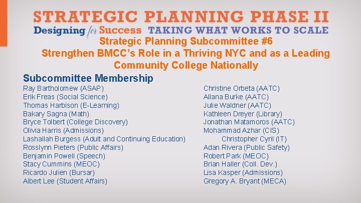 Strategic Planning Subcommittee #6 Strengthen BMCC’s Role in a Thriving NYC and as a