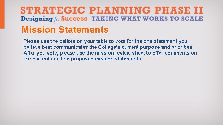 Mission Statements Please use the ballots on your table to vote for the one