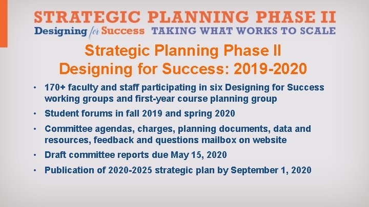 Strategic Planning Phase II Designing for Success: 2019 -2020 • 170+ faculty and staff