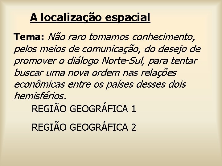 A localização espacial Tema: Não raro tomamos conhecimento, pelos meios de comunicação, do desejo