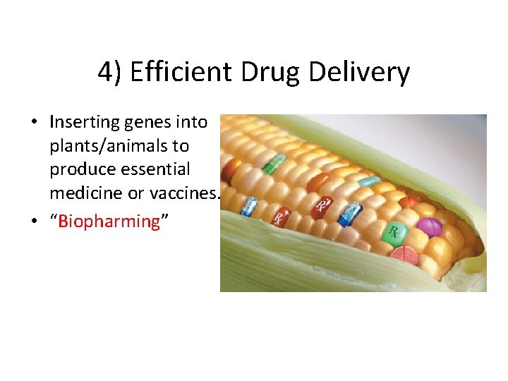 4) Efficient Drug Delivery • Inserting genes into plants/animals to produce essential medicine or