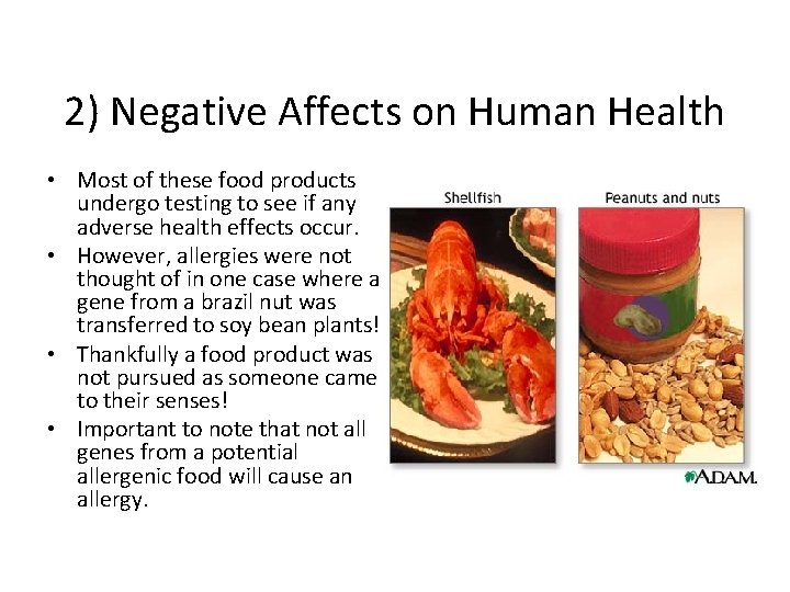 2) Negative Affects on Human Health • Most of these food products undergo testing