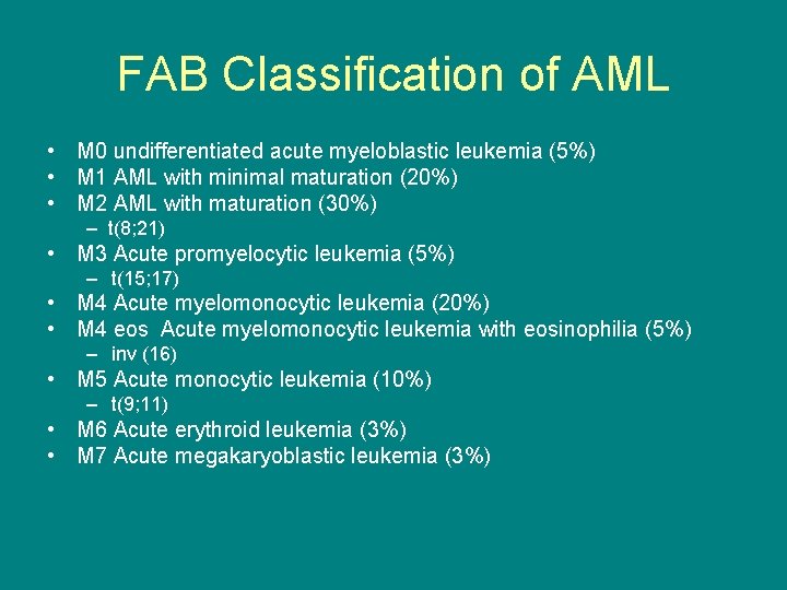 FAB Classification of AML • M 0 undifferentiated acute myeloblastic leukemia (5%) • M