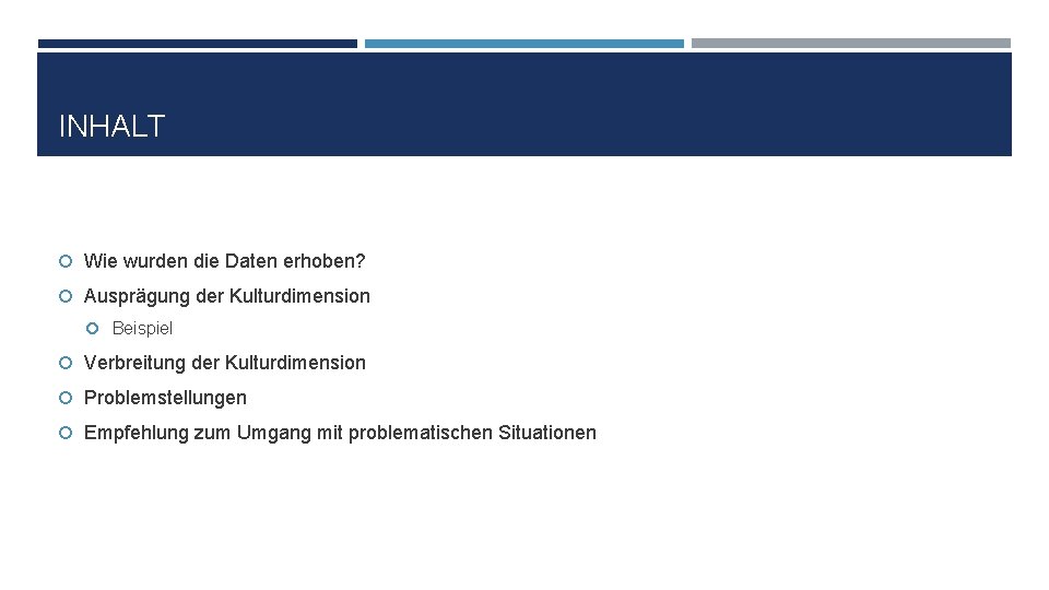 INHALT Wie wurden die Daten erhoben? Ausprägung der Kulturdimension Beispiel Verbreitung der Kulturdimension Problemstellungen