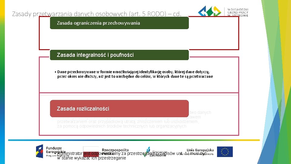 Zasady przetwarzania danych osobowych (art. 5 RODO) – cd. Zasada ograniczenia przechowywania Zasada integralność