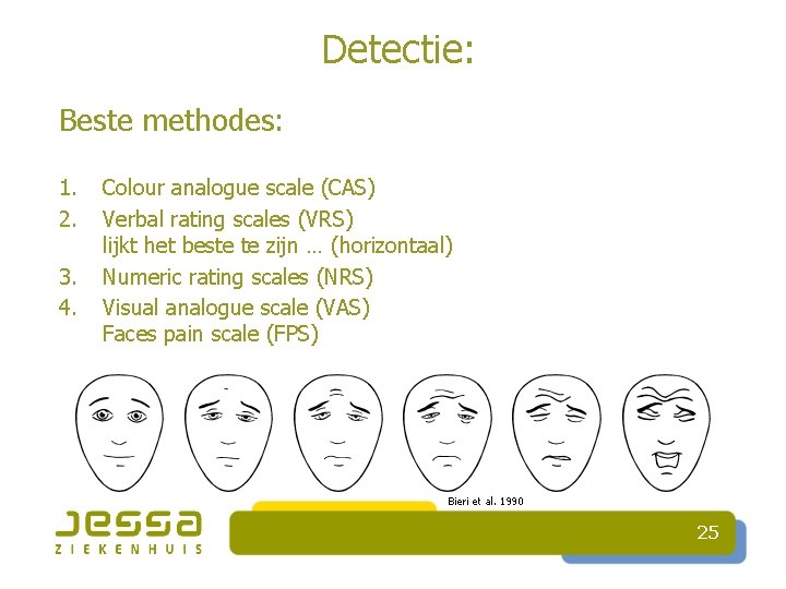 Detectie: Beste methodes: 1. 2. 3. 4. Colour analogue scale (CAS) Verbal rating scales