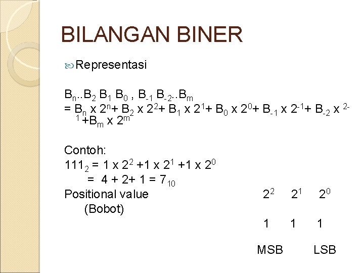 BILANGAN BINER Representasi Bn. . B 2 B 1 B 0 , B-1 B-2.