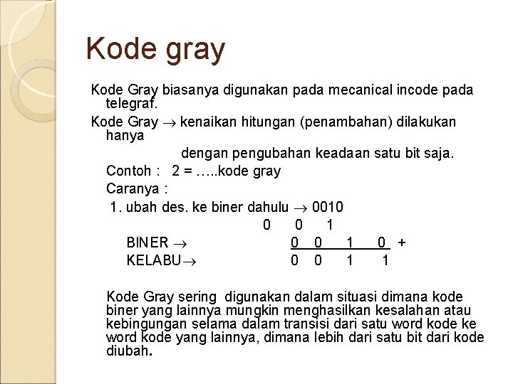 Kode gray Kode Gray biasanya digunakan pada mecanical incode pada telegraf. Kode Gray kenaikan