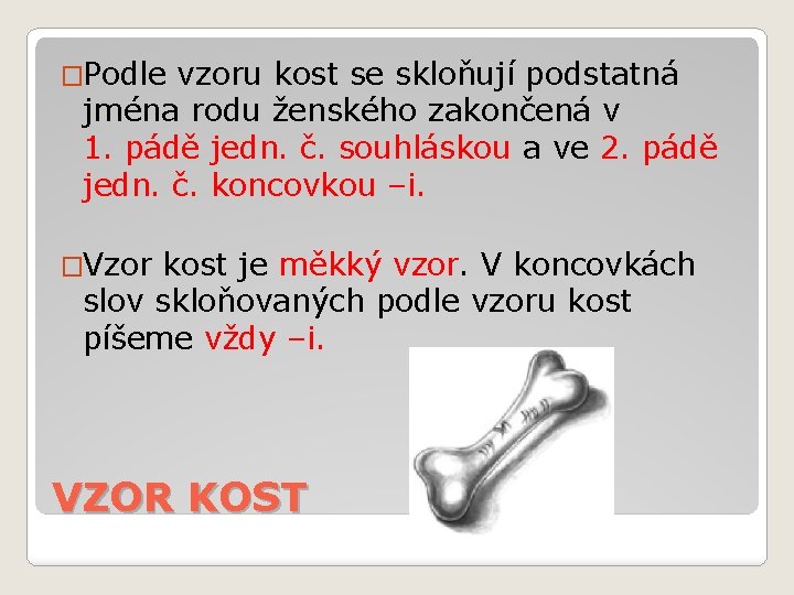 �Podle vzoru kost se skloňují podstatná jména rodu ženského zakončená v 1. pádě jedn.