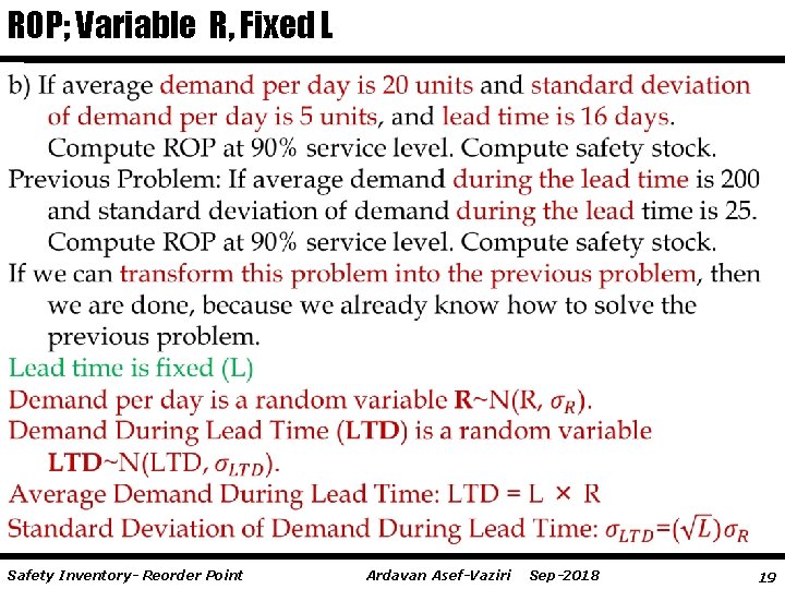 ROP; Variable R, Fixed L Safety Inventory- Reorder Point Ardavan Asef-Vaziri Sep-2018 19 
