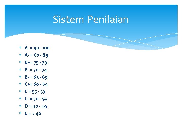 Sistem Penilaian A = 90 - 100 A- = 80 - 89 B+= 75