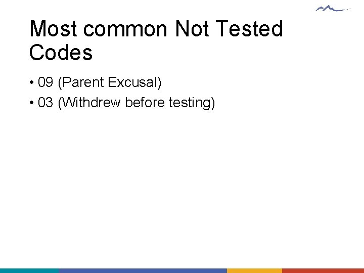 Most common Not Tested Codes • 09 (Parent Excusal) • 03 (Withdrew before testing)