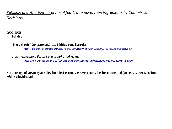 Refusals of authorisation of novel foods and novel food ingredients by Commission Decisions 2000