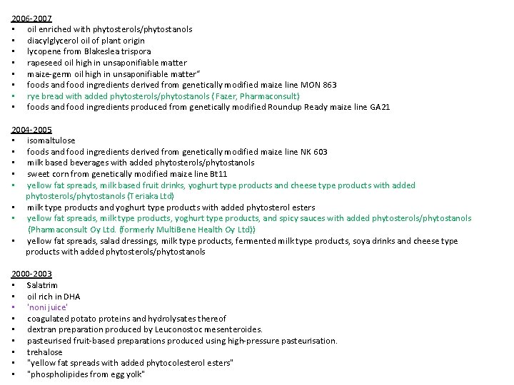 2006 -2007 • oil enriched with phytosterols/phytostanols • diacylglycerol oil of plant origin •