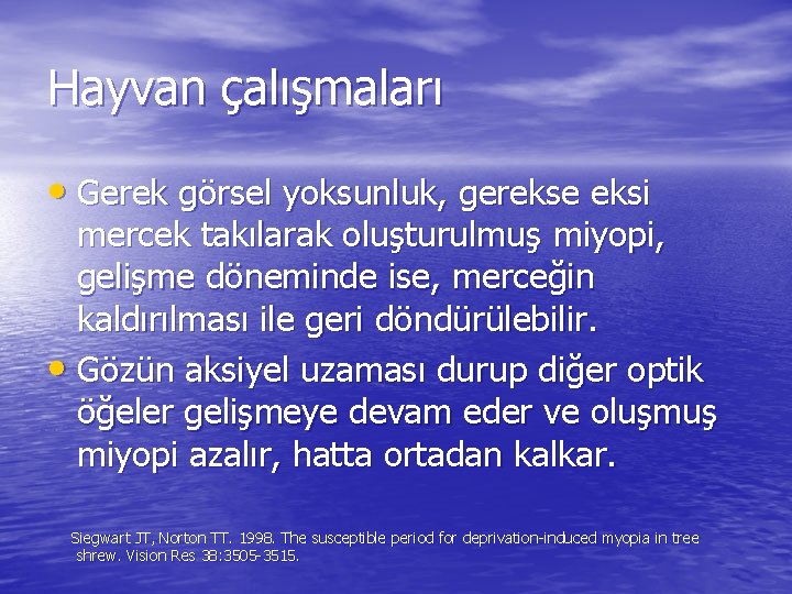 Hayvan çalışmaları • Gerek görsel yoksunluk, gerekse eksi mercek takılarak oluşturulmuş miyopi, gelişme döneminde