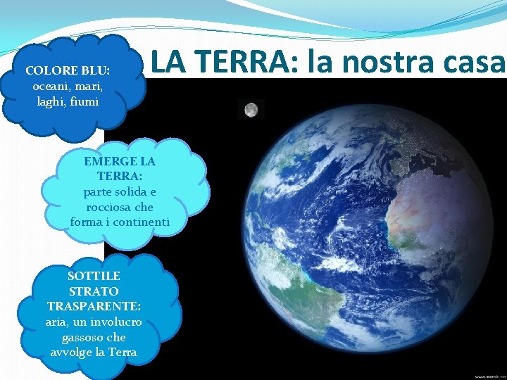 COLORE BLU: oceani, mari, laghi, fiumi LA TERRA: la nostra casa EMERGE LA TERRA: