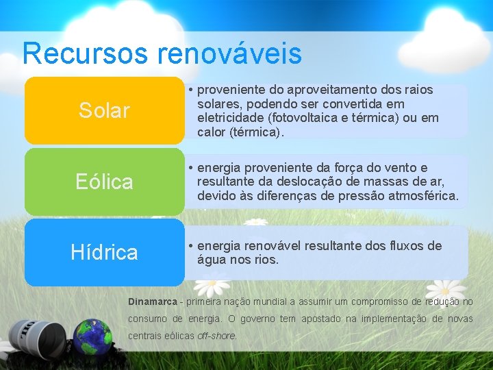 Recursos renováveis Solar Eólica Hídrica • proveniente do aproveitamento dos raios solares, podendo ser