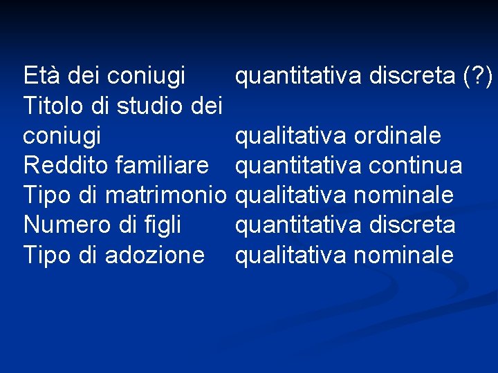 Età dei coniugi quantitativa discreta (? ) Titolo di studio dei coniugi qualitativa ordinale