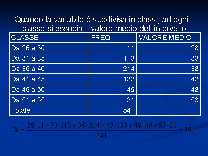 Quando la variabile è suddivisa in classi, ad ogni classe si associa il valore