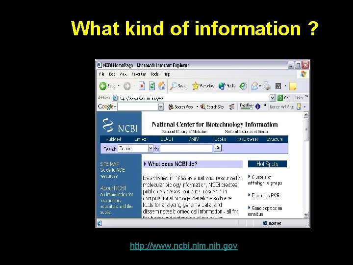 What kind of information ? http: //www. ncbi. nlm. nih. gov 