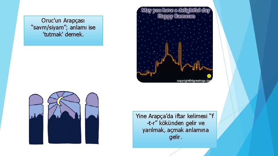 Oruc'un Arapçası “savm/siyam”; anlamı ise 'tutmak' demek. Yine Arapça’da iftar kelimesi “f -t-r” kökünden