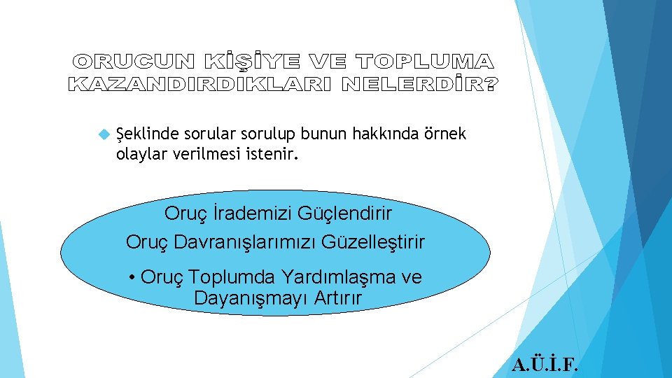  Şeklinde sorular sorulup bunun hakkında örnek olaylar verilmesi istenir. Oruç İrademizi Güçlendirir Oruç