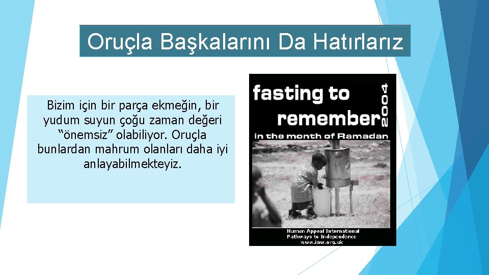 Oruçla Başkalarını Da Hatırlarız Bizim için bir parça ekmeğin, bir yudum suyun çoğu zaman