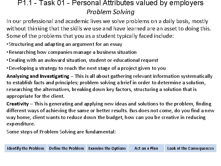 P 1. 1 - Task 01 - Personal Attributes valued by employers Problem Solving