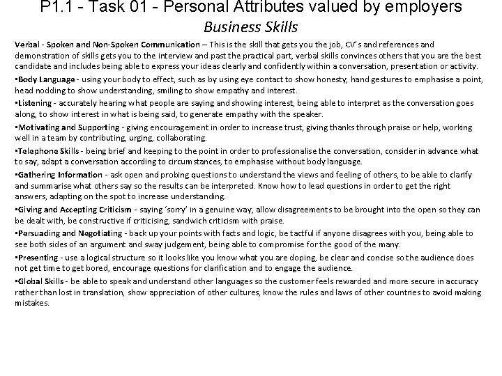 P 1. 1 - Task 01 - Personal Attributes valued by employers Business Skills