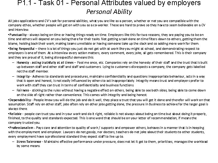 P 1. 1 - Task 01 - Personal Attributes valued by employers Personal Ability