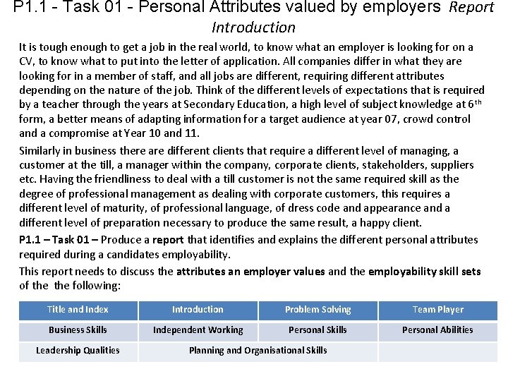P 1. 1 - Task 01 - Personal Attributes valued by employers Report Introduction