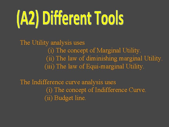 The Utility analysis uses (i) The concept of Marginal Utility. (ii) The law of