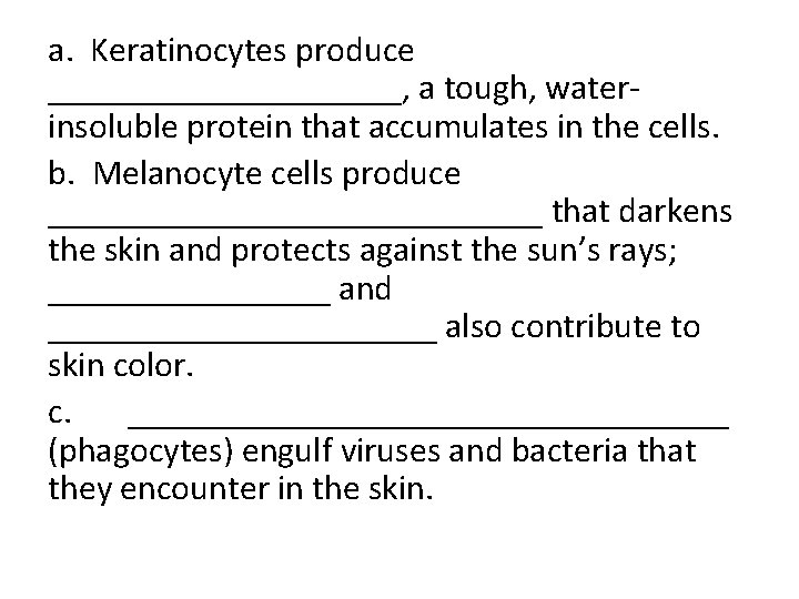 a. Keratinocytes produce __________, a tough, water insoluble protein that accumulates in the cells.