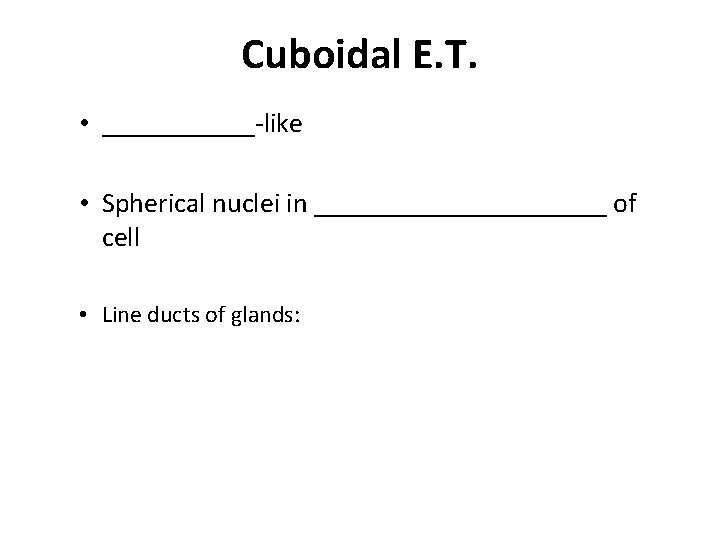 Cuboidal E. T. • ______ like • Spherical nuclei in ___________ of cell •