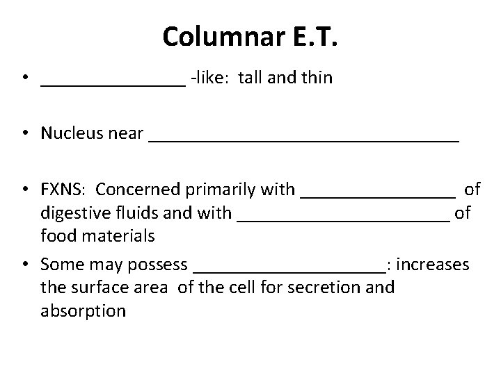 Columnar E. T. • ________ like: tall and thin • Nucleus near ________________ •