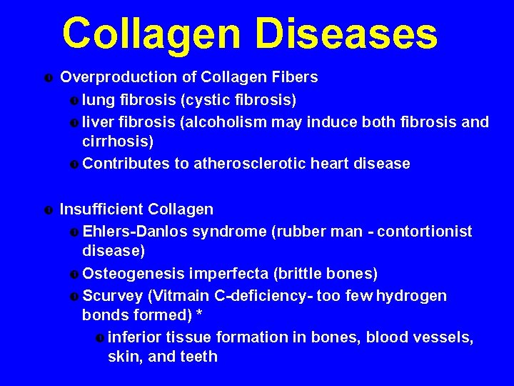 Collagen Diseases Overproduction of Collagen Fibers lung fibrosis (cystic fibrosis) liver fibrosis (alcoholism may Collagen Diseases Overproduction of Collagen Fibers lung fibrosis (cystic fibrosis) liver fibrosis (alcoholism may