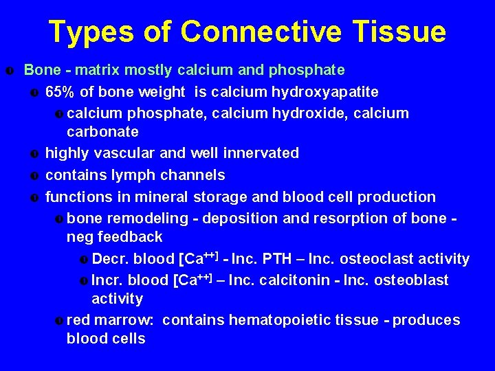 Types of Connective Tissue Bone - matrix mostly calcium and phosphate 65% of bone Types of Connective Tissue Bone - matrix mostly calcium and phosphate 65% of bone