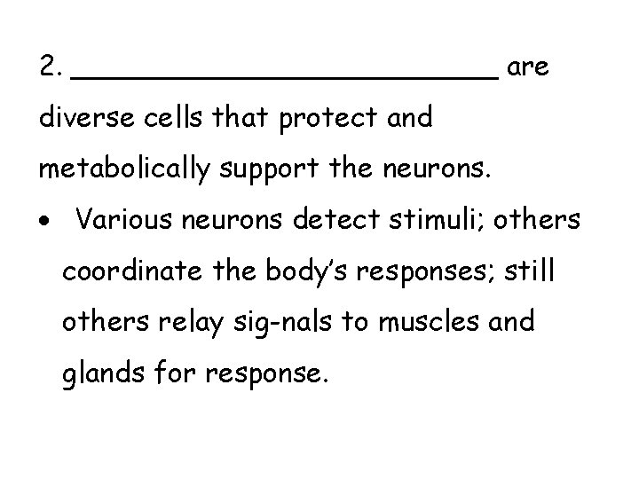 2. ____________ are diverse cells that protect and metabolically support the neurons. Various neurons
