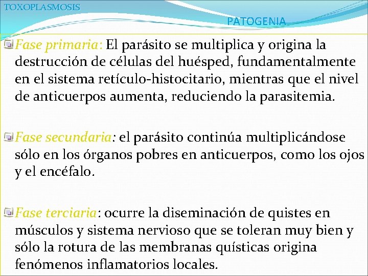 TOXOPLASMOSIS PATOGENIA Fase primaria: El parásito se multiplica y origina la destrucción de células